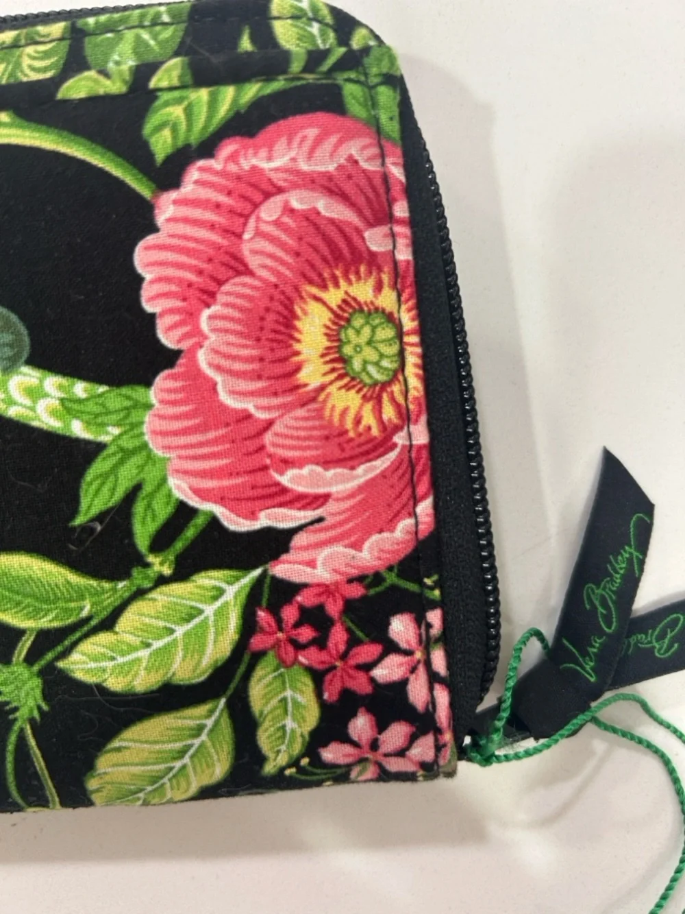 Vera Bradley Botanica 2007 Zip Around Wallet Black Pink Floral Organizer NWOT